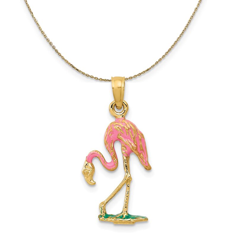 14k Yellow Gold And Enamel Small 3d Pink Flamingo Necklace - 18 Inch